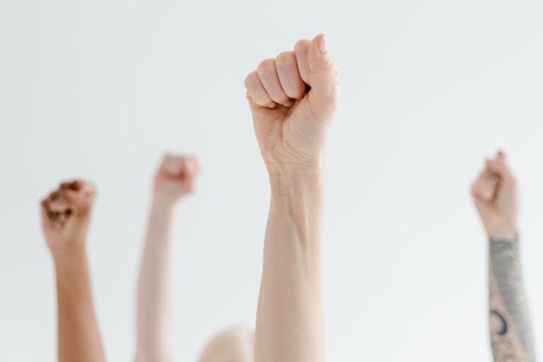 Group of diverse hands raising fists in unity against a plain white background.